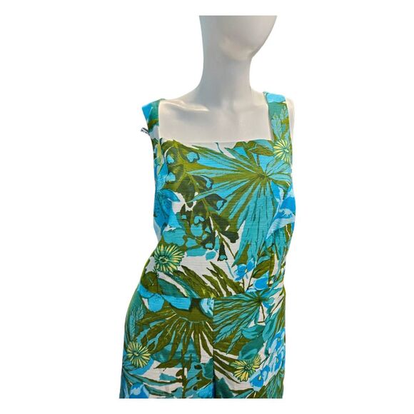 Talbots Dress SZ14W Blue Green Floral Pleat Front - Picture 3 of 8